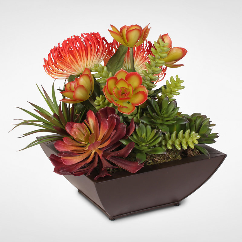 Faux Succulent Plant in Metal Planter