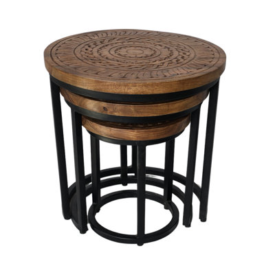 Acacia Wood Round Set Hand Carved 3 Piece Nest of Tables 