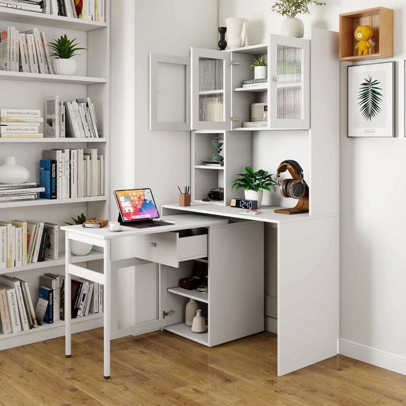 Bureau d'ordinateur avec porte en verre pour bureau à domicile ou bureau d'étude, bibliothèque et huche, bureau d'ordinateur avec bureau rotatif à 90 degrés, grand espace de travail