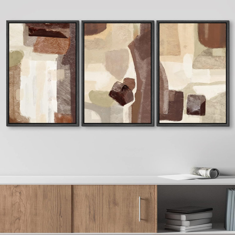 «Grunge Abstract Paint Stroke Effect», impression de motifs abstraits sur fond brun, brun clair et jaune, art moderne bohème sur toile, 3 pièces