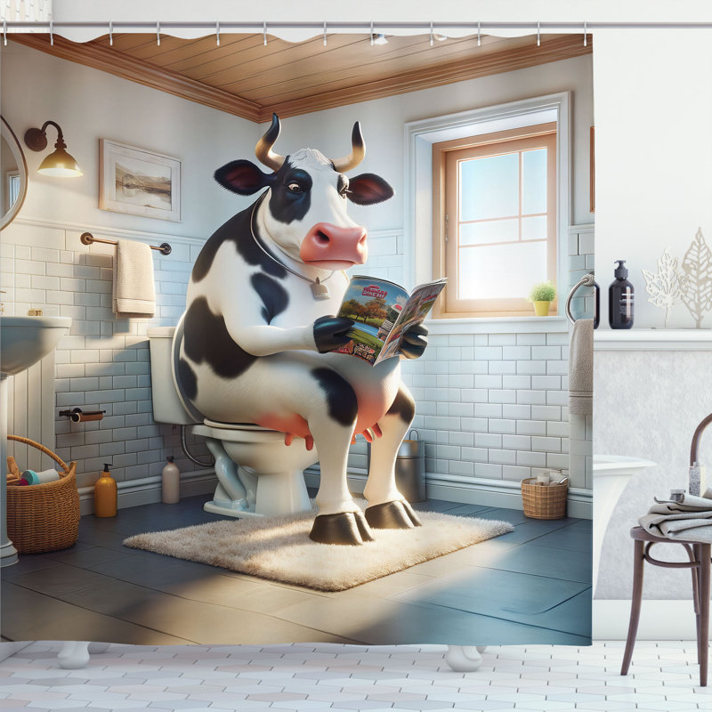 Whimsical Cow Reading Newspaper Fabric Shower Curtain with Hooks