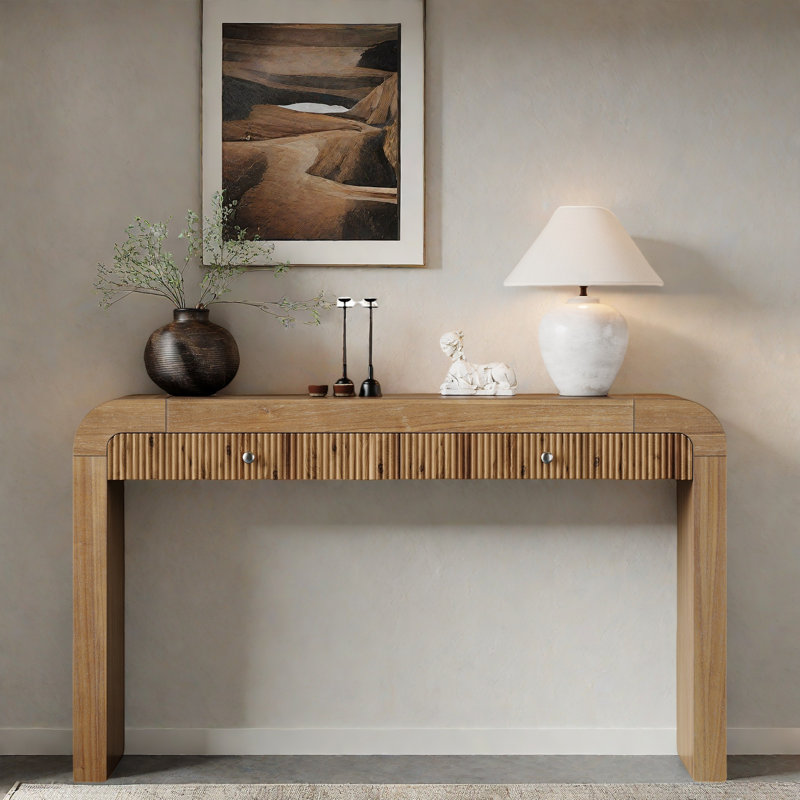 Console rustique avec devant cannelé, 2 tiroirs, coins arrondis et pieds épais, Naturel
