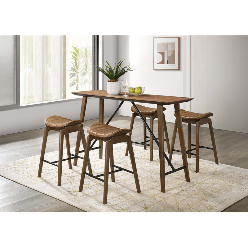 Ensemble de chaises à hauteur de comptoir 2 pièces avec base en bois d'hévéa massif, repose-pieds en métal et sièges de selle profilés au fini noyer