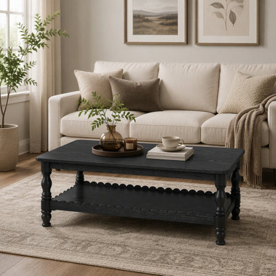 Rectangle Solid Wood Coffee Table with Storage Shelf, Farmhouse 2-Tier Center Table with Lacquered Classical Legs, Easy Assembly Apartment Sofa Table