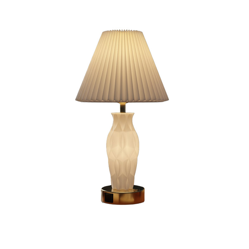 3D Printed LED Table Lamp with Luminous Base, Modern Pleated Fabric Shade Desk Lamp, USB Rechargeable Bedside Lamp for Bedroom, Living Room, Entryway