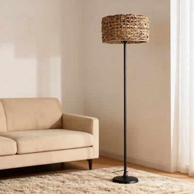 Bohemian Floor Lamp With Hand-Woven Bamboo Shade, Industrial Black Standing Light With Foot Switch For Living Room, Bedroom, And Farmhouse Decor