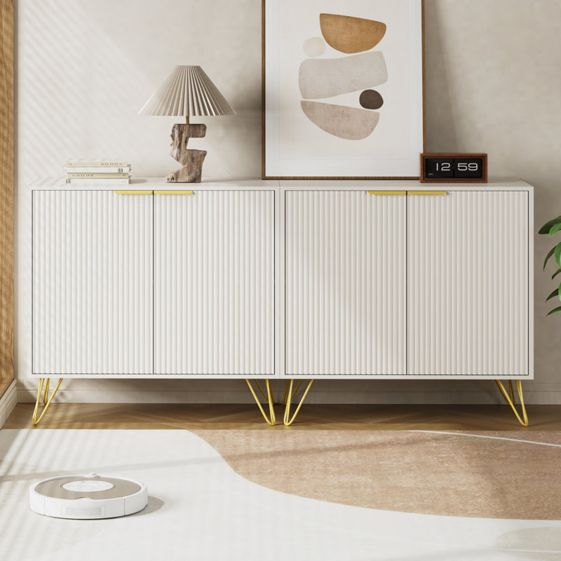 63” Wide Accent Cabinet, Fluted Sideboard Cabinet With Storage, White