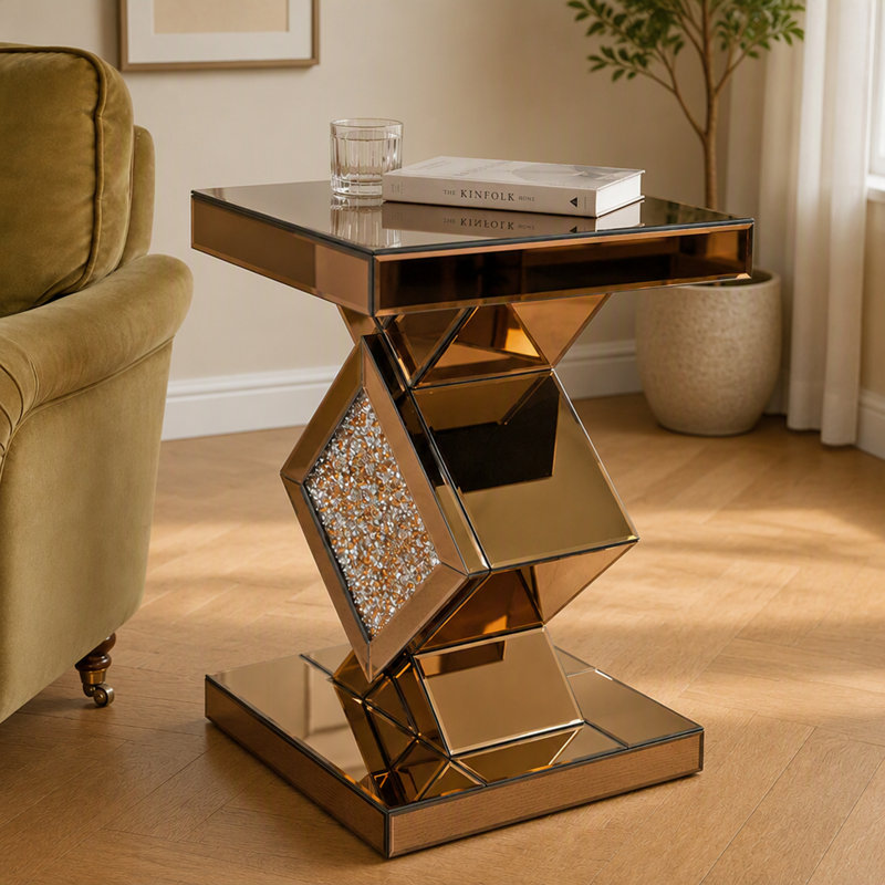 Table d'appoint moderne en miroir avec incrustation de diamants en cristal