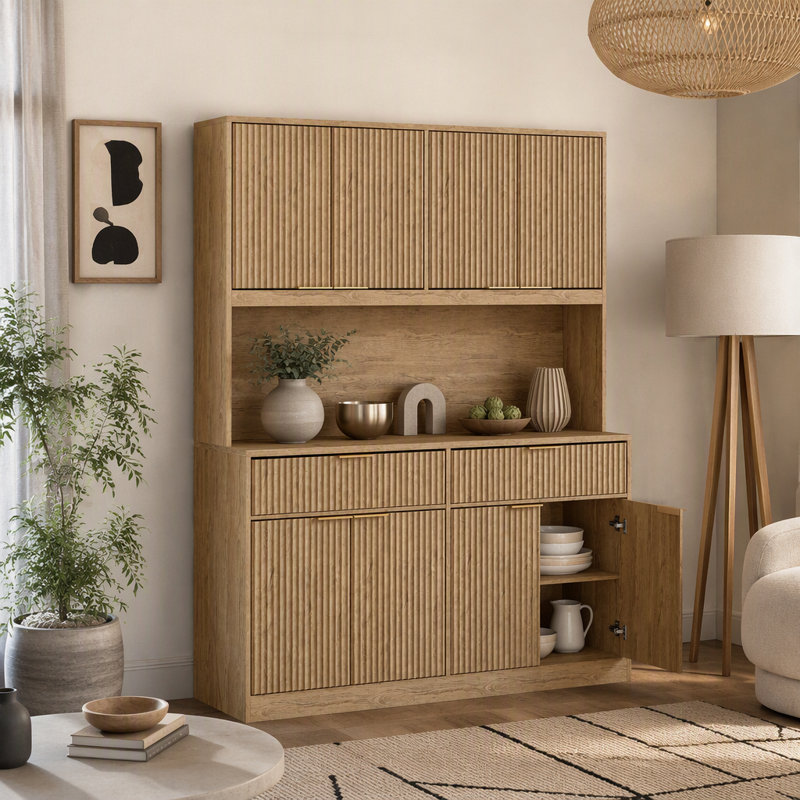 Armoire de cuisine multifonctionnelle moderne de 71 pouces de haut avec prise électrique et comptoir ouvert creux., Black
