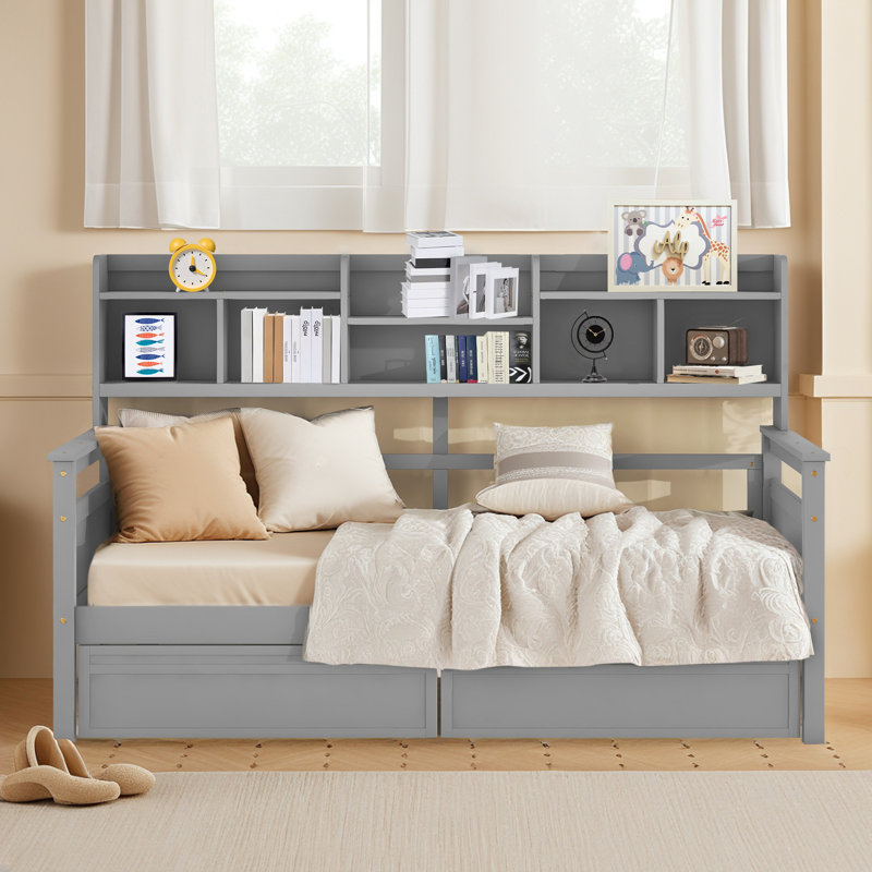 Twin Size Daybed With Bedside Shelves ,two Storage Drawers ,no Box Springs Needed, Gray