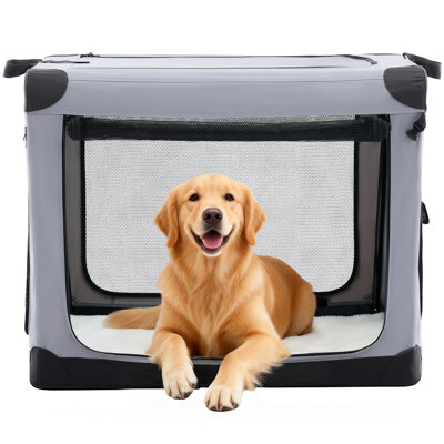 4-Size 3-Door Foldable Soft Dog Crate - Waterproof Breathable Oxford Pet Kennel for Dogs Up to 50LBS, Black