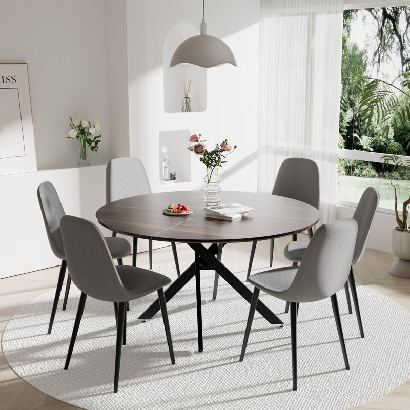 Round 47'' Dining Set, Dark Gray, 7, Brown