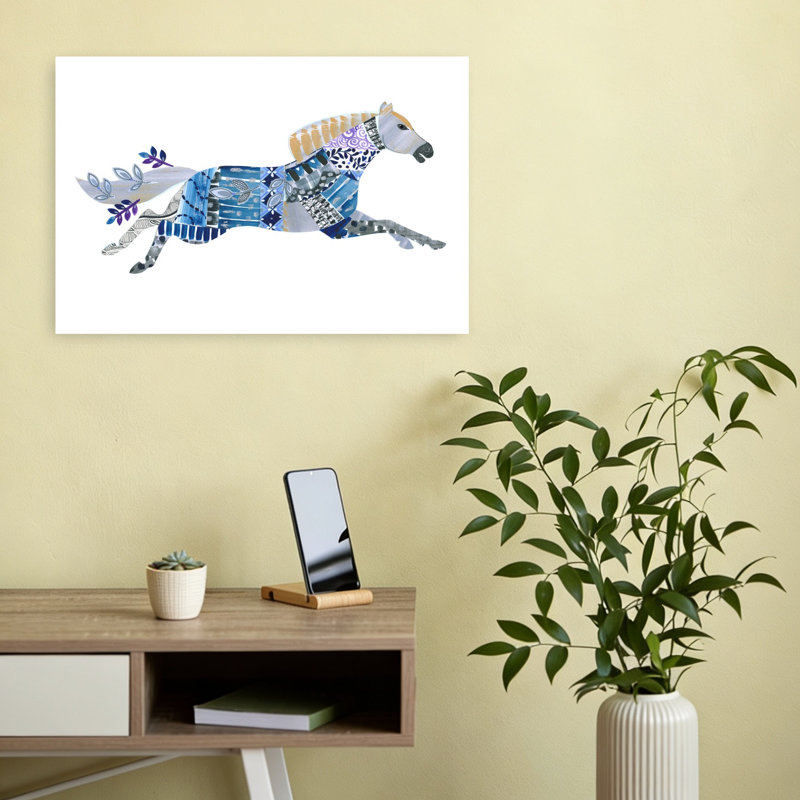 Courir, patchwork, cheval, abstrait, cheval moderne, paysage, nature, art mural, H 12 po x l 18 po