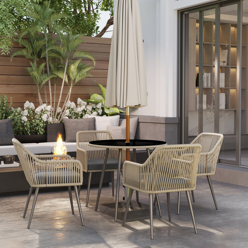 Outsunny 4 Seater Rattan Dining Set, Round Glass Top Table, Light Brown