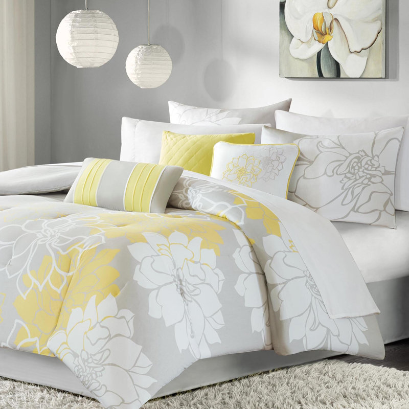Édredon très grand taupe gris / jaune - coton imprimé, 3 coussins décoratifs, édredon en coton lavable à la machine gris / jaune, jupe de lit