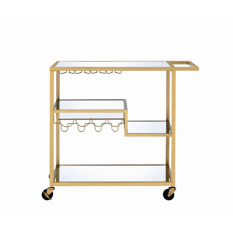 Chariot de service à miroir et à champagne avec porte-verres à pied, tablettes supérieures de miroir de 5 mm, cadre en métal, porte-bouteilles de vin, roulettes, 3 compartiments ouverts, limite de poids de 70 lb, chariot de finition à limite de tablette de 40 lb