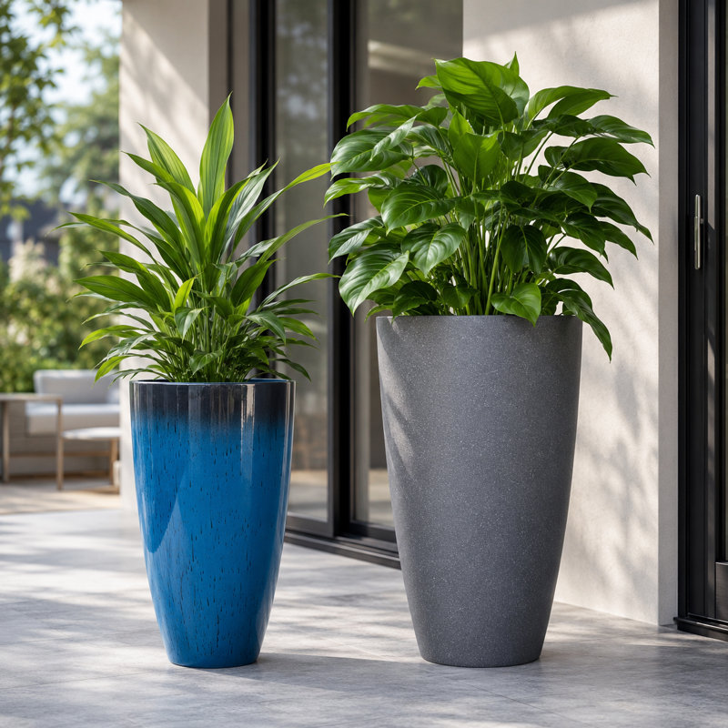 Ensemble de 2 pots à fleurs modernes en résine à finition mixte avec soucoupes et écrans de drainage, bleu brillant et gris moucheté