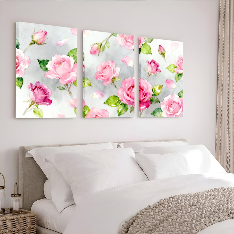 Ensemble de 3 toiles murales à motifs floraux aquarelle de roses roses, H 36 po x l 72 po