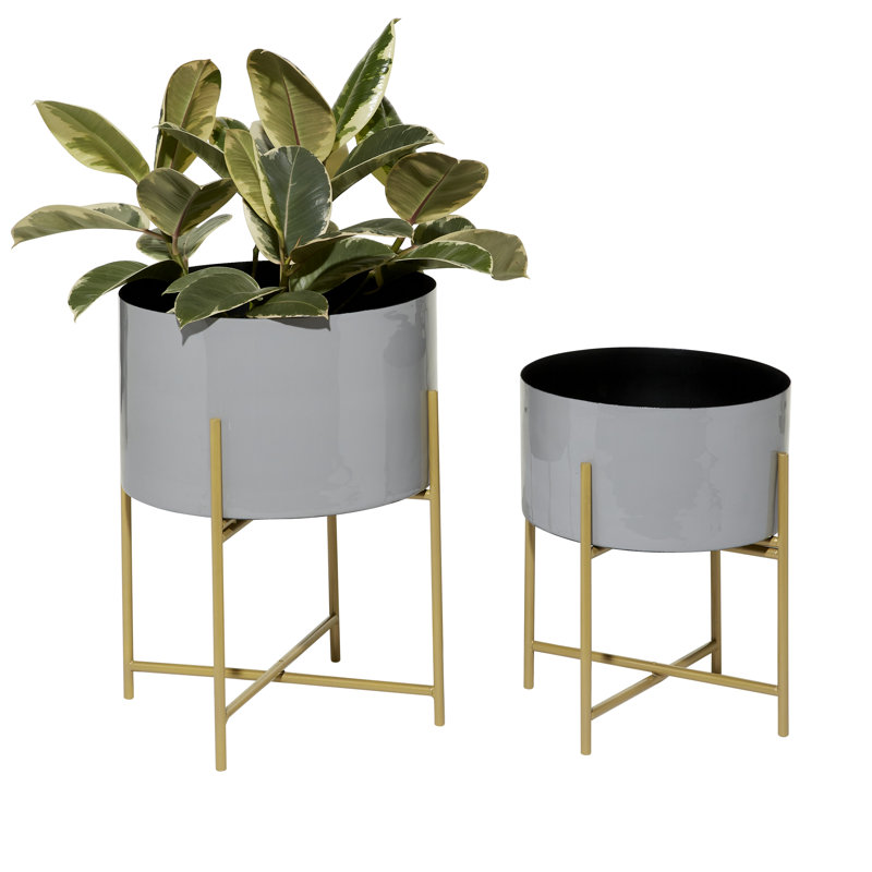 Frits 2 Piece Metal Indoor Outdoor Pink Planter with Removable Gold Stand Set, Gray