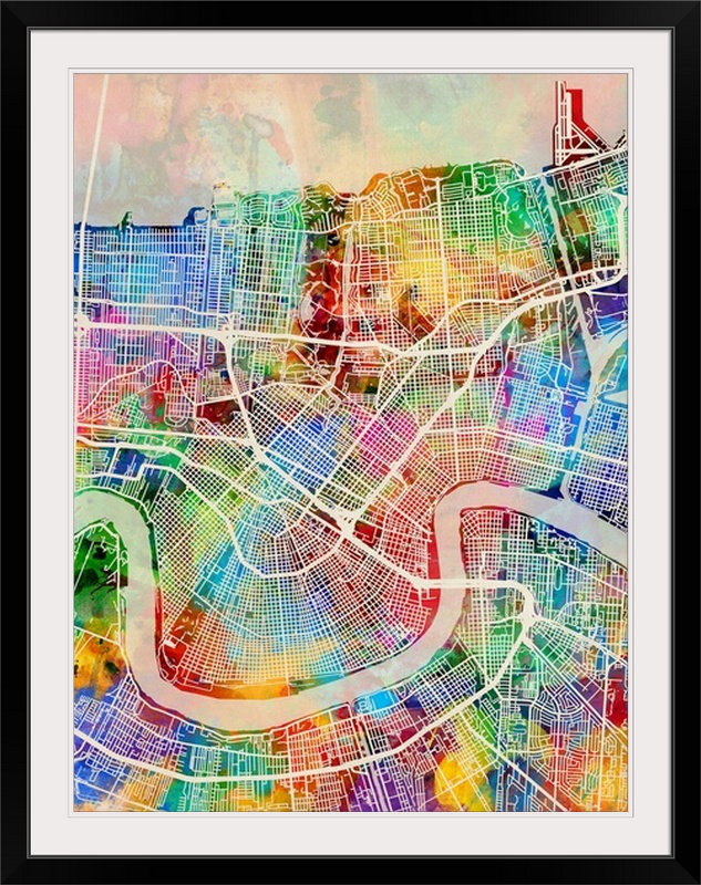 «New Orleans Street Map» par Francy, impression, H 24 po x l 20 po x P 1 po, Cadre noir