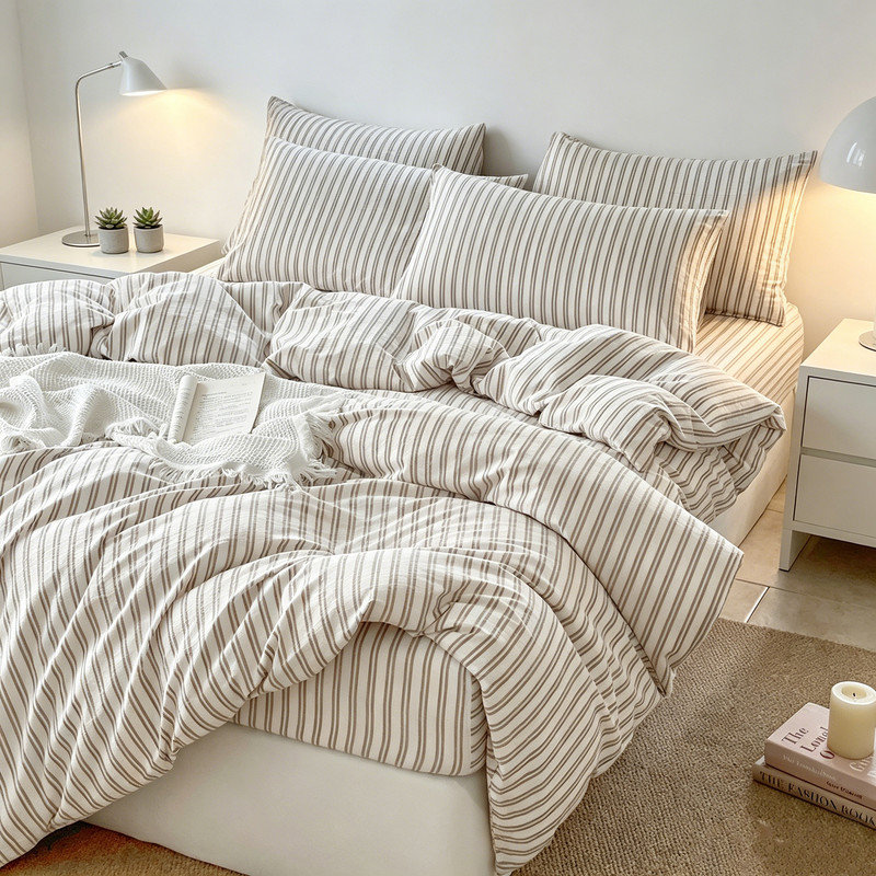 Ensemble de housse de couette en coton lavé rayé 100% coton, King Duvet Cover + 2 Pillowcases, White/Brown Striped