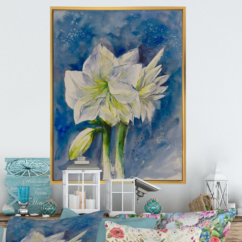 «White Amaryllis Flowers Bouquet», reproduction de cadre photo sur toile, H 12 po x l 8 po x P 1 po