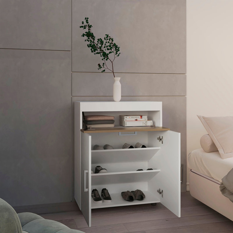 Range-chaussures, 3 portes, 3 tablettes, 4 pieds, chêne blanc / naturel