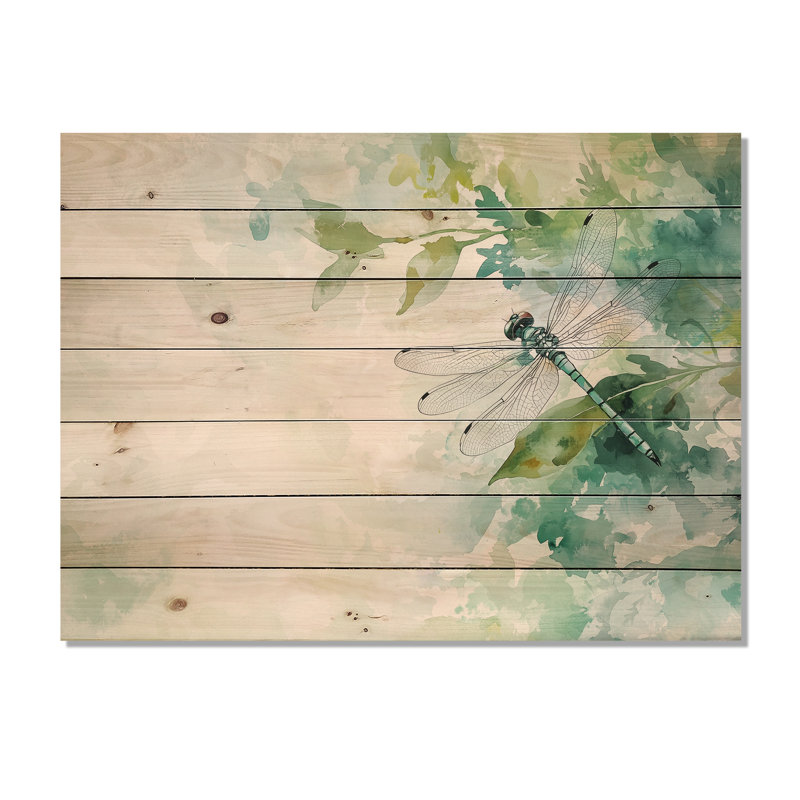 Libellule sur une feuille - Art mural moderne sur bois de pin naturel, H 10 po x l 20 po