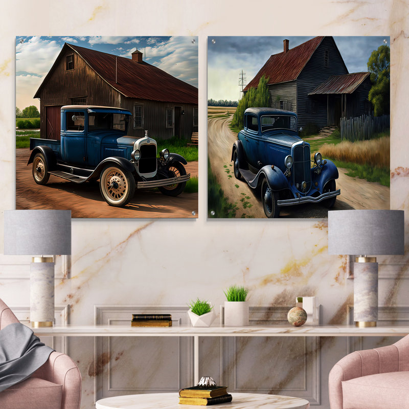 30S Ford Car In Barn II - Car Old American, ensemble de 2 peintures murales en acrylique, H 16 po x l 33 po