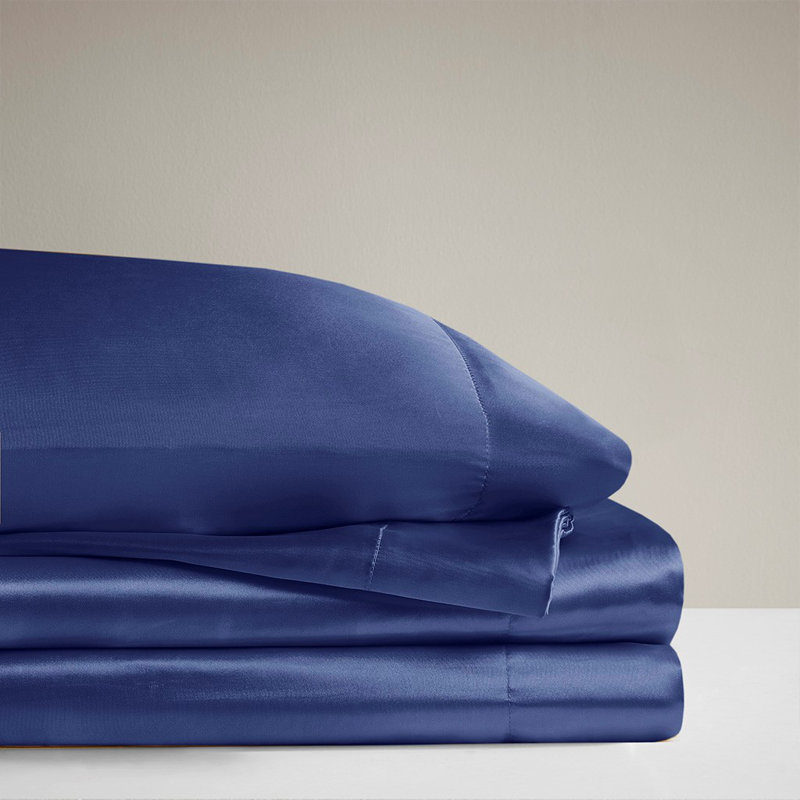 Ensemble de draps en satin 6 pièces Gracie Mills Coralie, Ensemble de draps pour lit très grand californien, Bleu