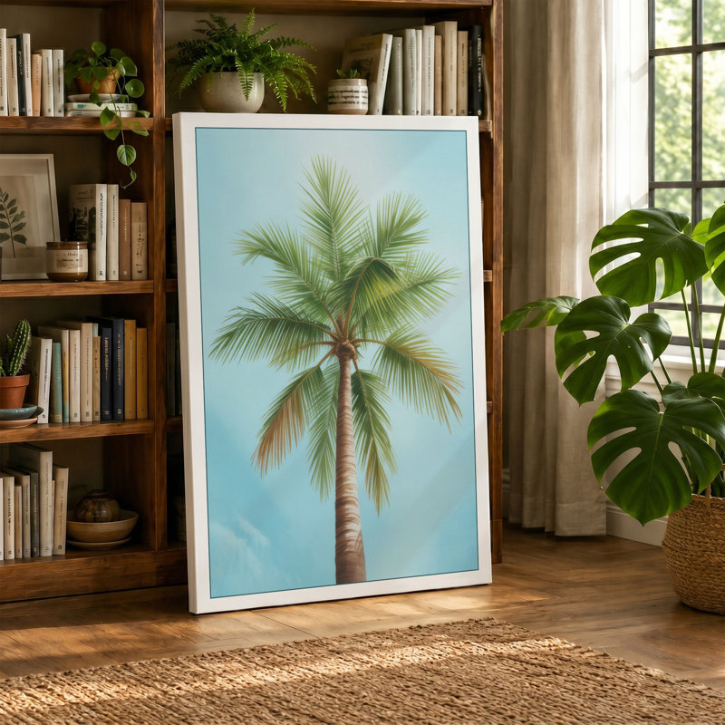 Palm Against Sky Botanical 1 Piece Wrapped Canvas Wall Art, 36x24 - 91.4 x 61.0 cm, Cream Border
