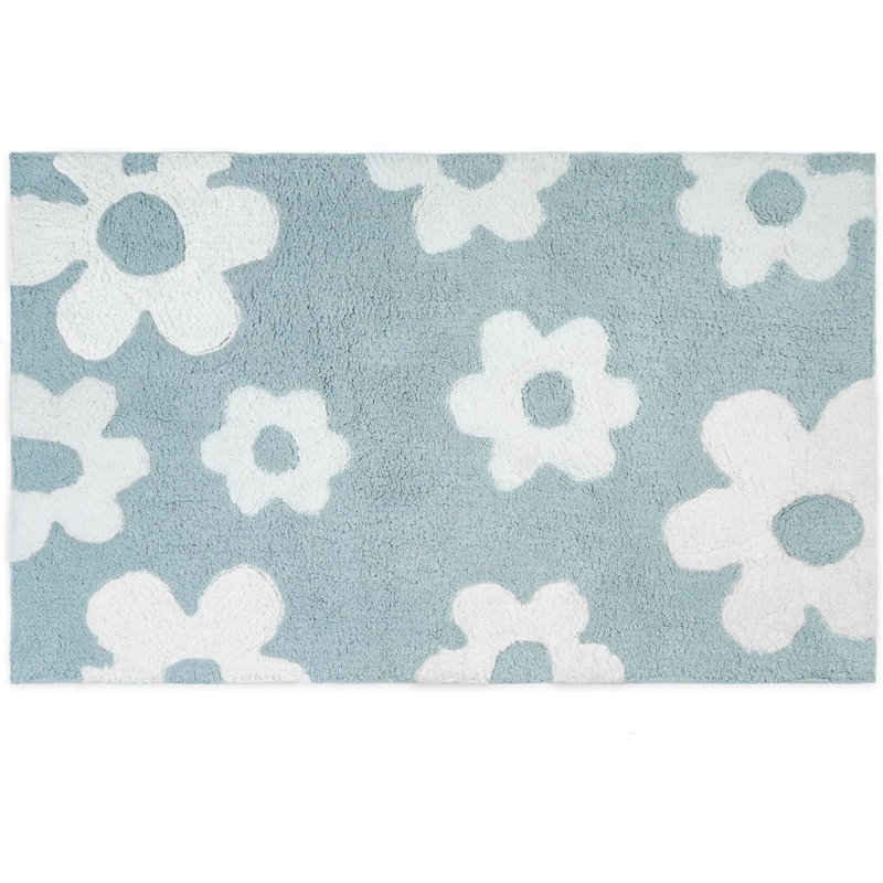 32" Blue And White Cotton Floral Bath Rug