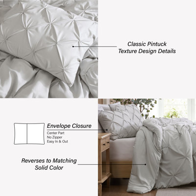 Swift Home Pintuck 3-Piece Microfiber Comforter Set - Textured Pinch Pleat Design, Solid Colors, Lightweight All-Season Comfort, Easy Care, Light Grey, King