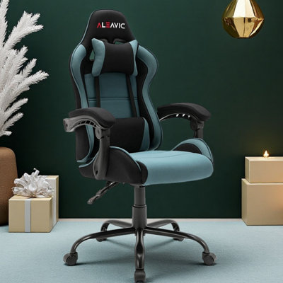 Fauteuil de jeu ergonomique avec support lombaire - Fauteuil d'ordinateur inclinable à haut dossier pour adultes, chaise de bureau double rembourrée avec appui-tête et hauteur réglables, noir / bleu - Chaise de bureau et de jeu