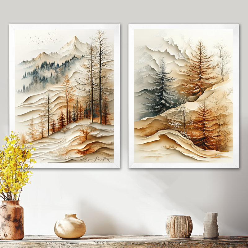 Couches de montagnes tranquilles aux pins oranges - Impressions sur toile en 2 parties, 32" H x 48" W, White Picture Framed