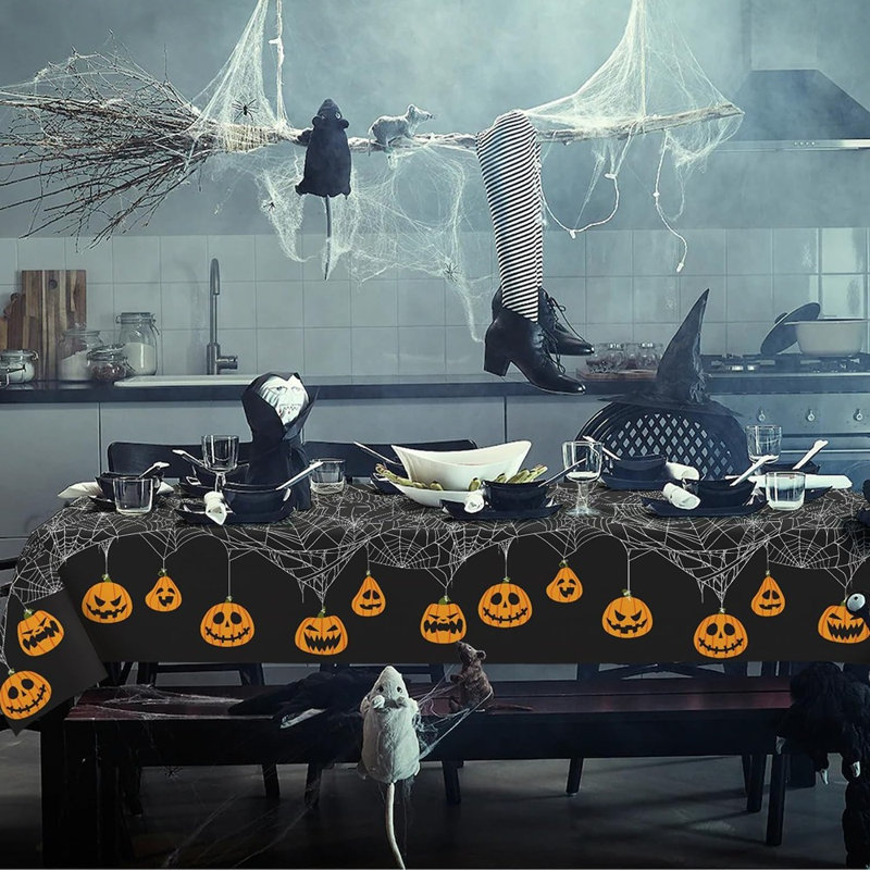 Nappe de citrouille en toile d'araignée pour l'Halloween, nappe rectangulaire lavable, décoration saisonnière effrayante pour les fêtes d'Halloween, les pique-niques, les soupers et les réunions à la maison