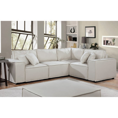 Canapé modulaire en lin beige 99 po avec options de sièges flexibles, garniture de soudure, ressorts ensachés rembourrés de mousse, 5 coussins modulaires reconfigurables, conception de garniture, ressorts, coussins