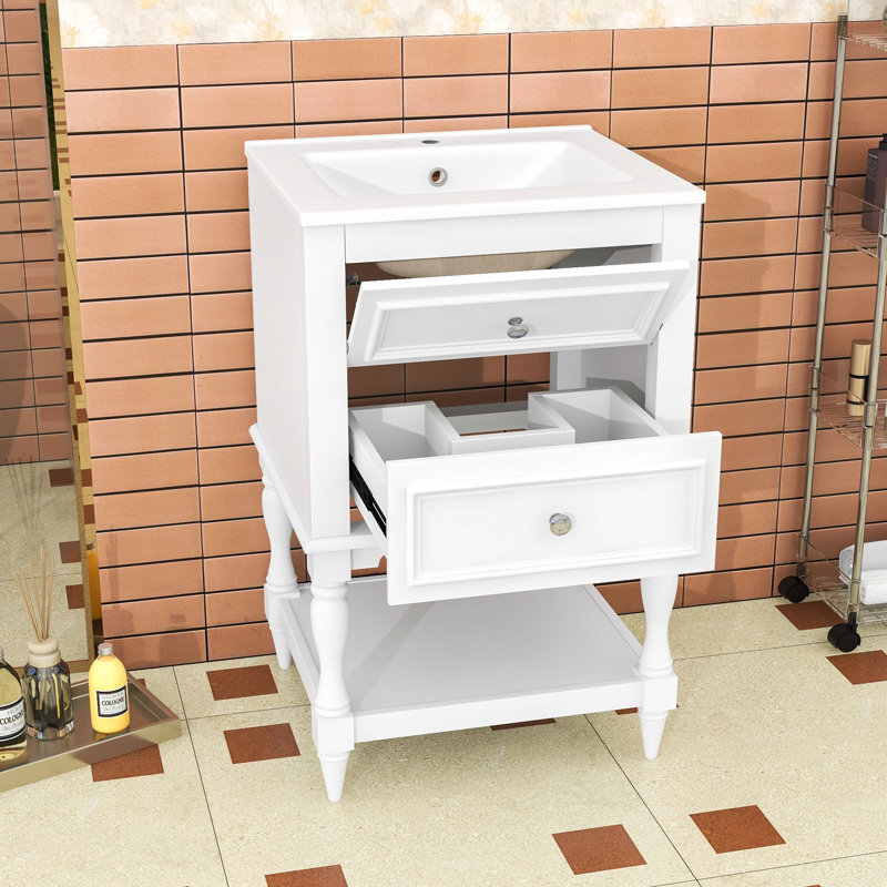 Meuble-lavabo compact avec lavabo en céramique, tablette inférieure, tiroirs basculants et en forme de U, White