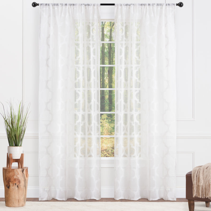 Rideau géométrique semi-transparent avec passe-tringle, Blanc, L 52 po x L 63 po