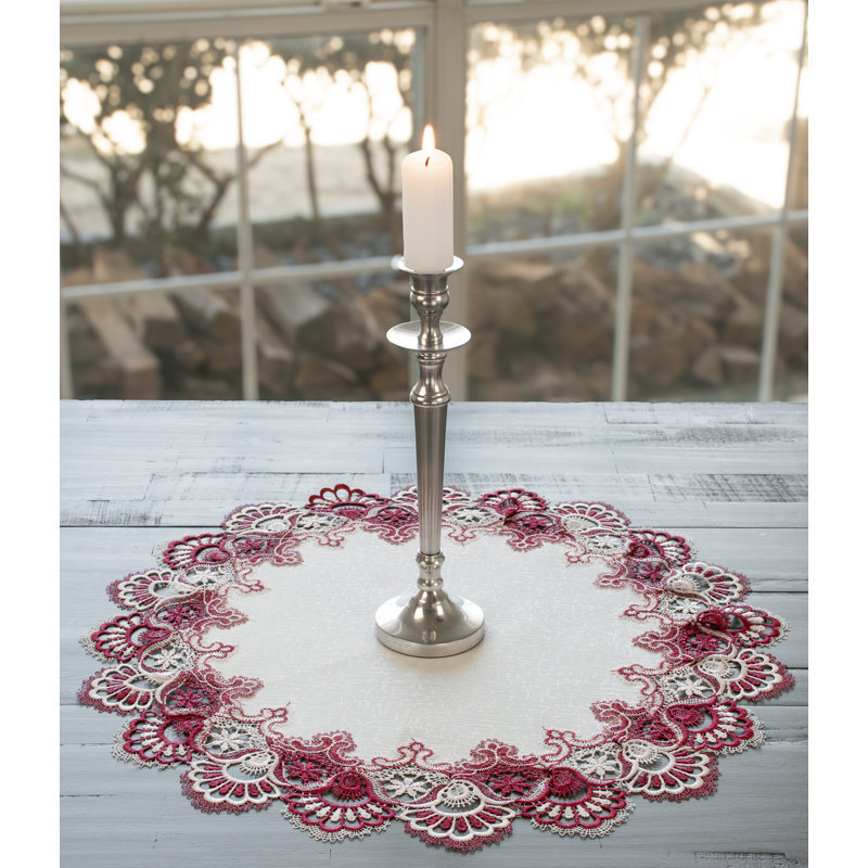 Burgundy & White European Lace Doily Table Topper (23" RD)