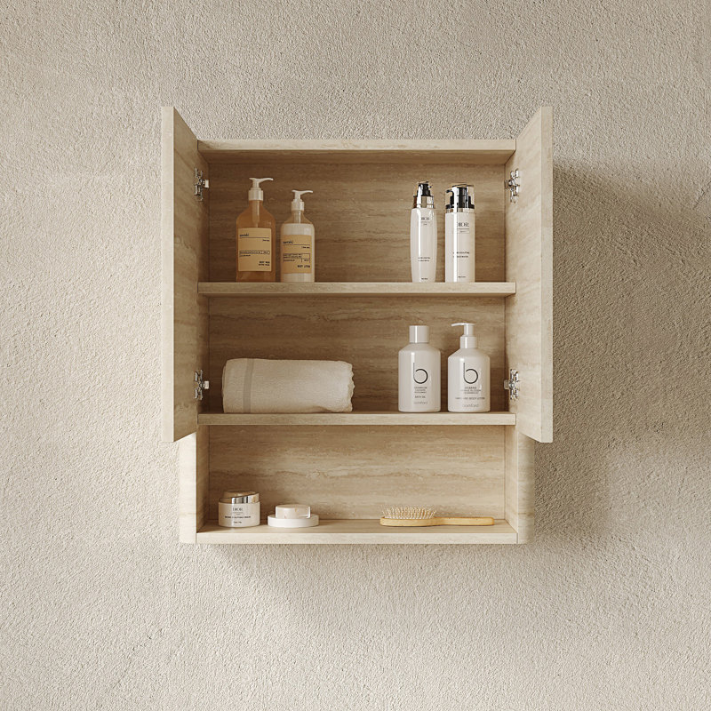 Armoire de salle de bain murale avec portes, tablette et compartiment de rangement ouvert, Beige