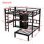 Lits superposés en métal double au-dessus de simple en L en métal avec bureau intégré, bibliothèque, tablettes de rangement et garde-robe