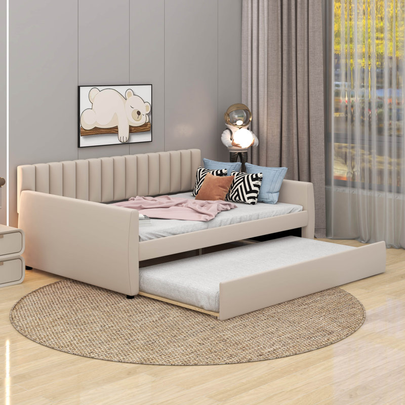 Full Size Upholstered Daybed With Trundle, Beige