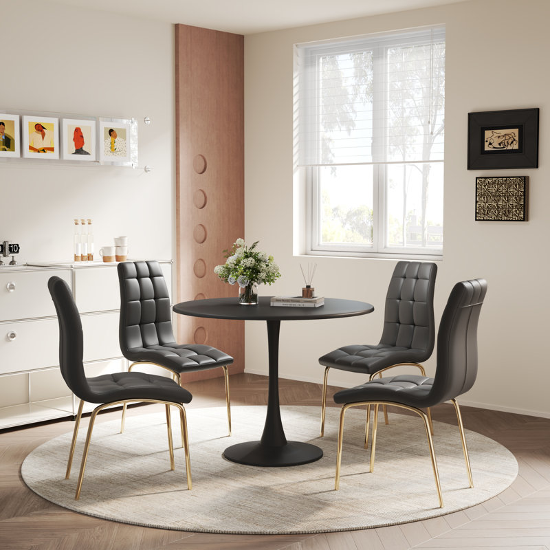 5 - Piece Pedestal Dining Set, Black/Black/Gold