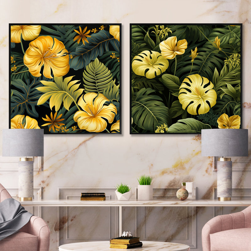 Corteney - Ensemble de 2 collages floraux carrés, Cadre flottant noir, H 16 po x l 33 po