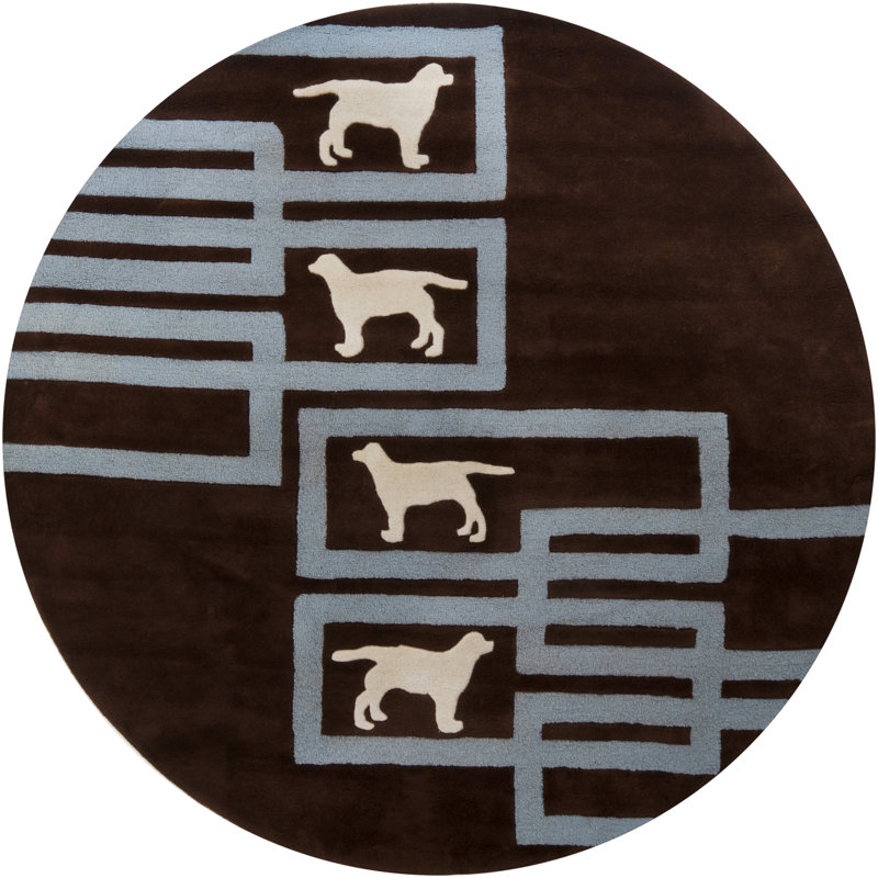 Valencia Authentic Hand-Tufted Handmade Brown, White & Blue Modern Dog Silhouette Geometric Maze Wool Area Rug, Round 7'9"