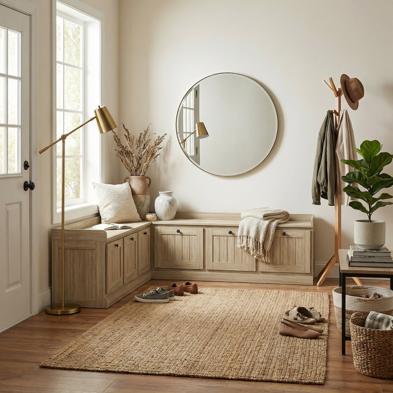 L-Shaped Storage Bench With Lift-Top Compartments, Corner Entryway Shoe Bench With Hidden Storage, PB Board, Light Wood Finish