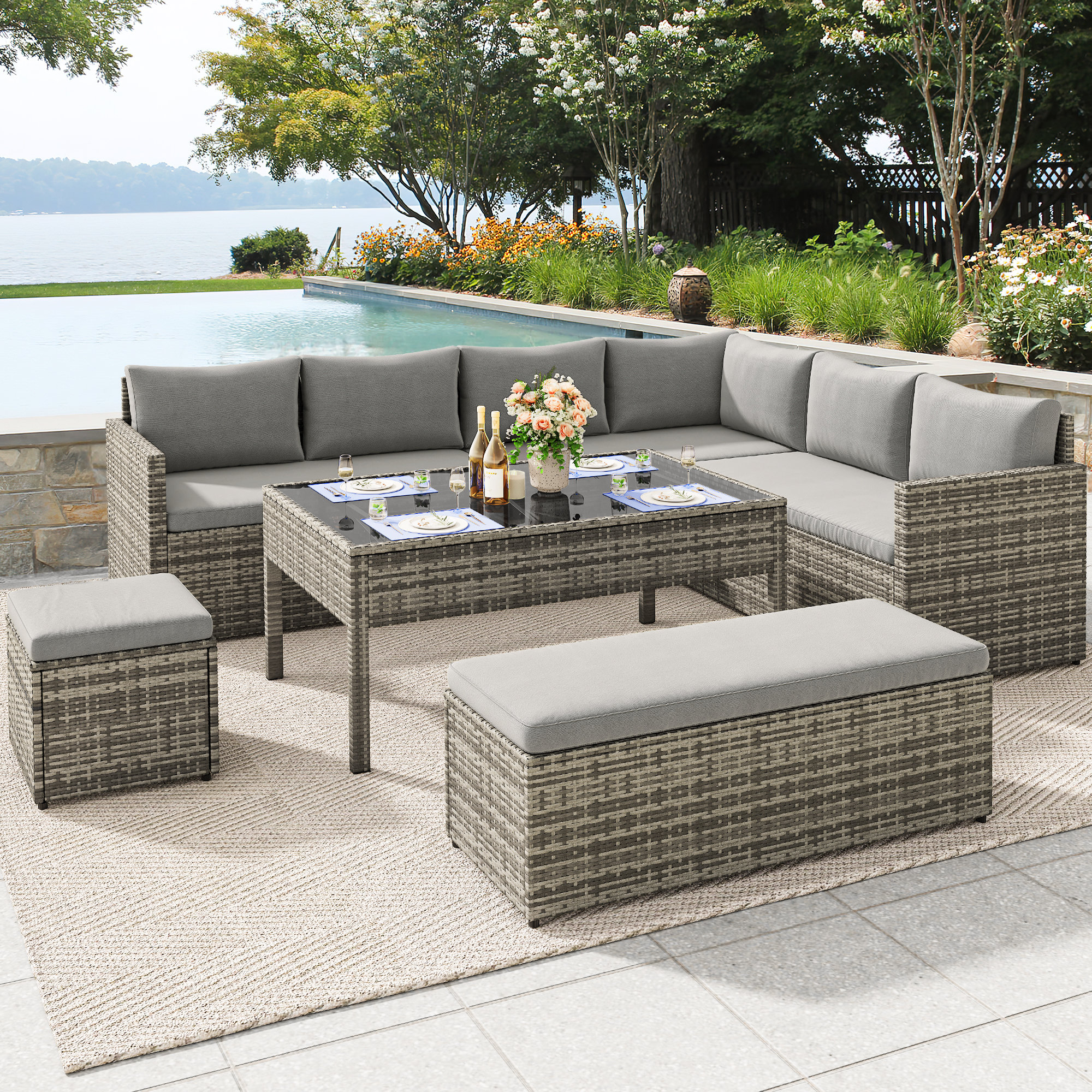 Ebern Designs 9 Pieces Patio Furniture Set Outdoor Wicker Sectional
