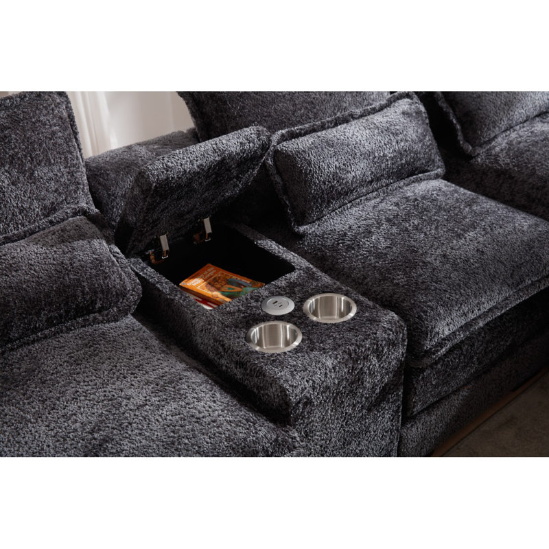 Canapé moderne en forme de U avec console, porte-gobelets et ports USB, mobilier d'intérieur symétrique rembourré à 6 places, ensemble de canapé-lit avec méridienne
