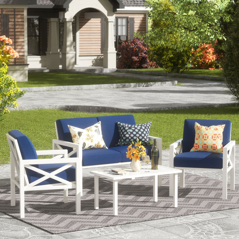 Myrtlene 4-Person Outdoor Seating Group with Cushions , Blue Cushion/White Frame